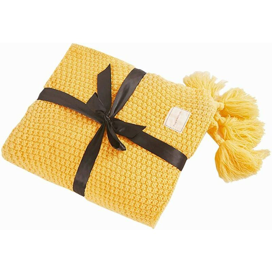 Knit Blanket Throws Sofa Bedspread Table Mat Soft Warm Nordic Bed Throws with Fringe Handmade for Beach Picnic All Seasons (Yellow, 70 x 100 cm)