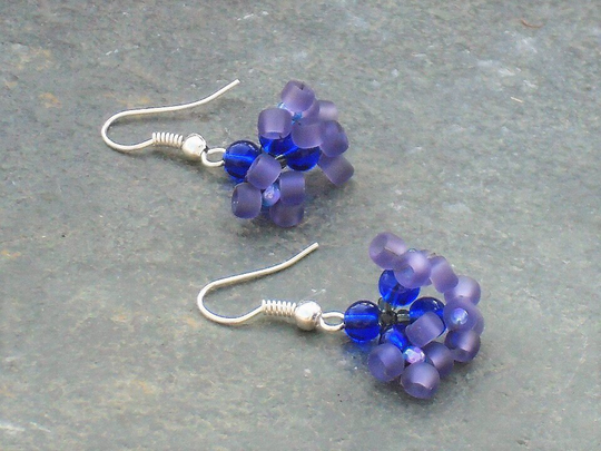 Hyacinth Earrings, Crystal Glass & Seed Bead in Cobalt Blue, Grey Blueberry Seed Beads, UK Seller