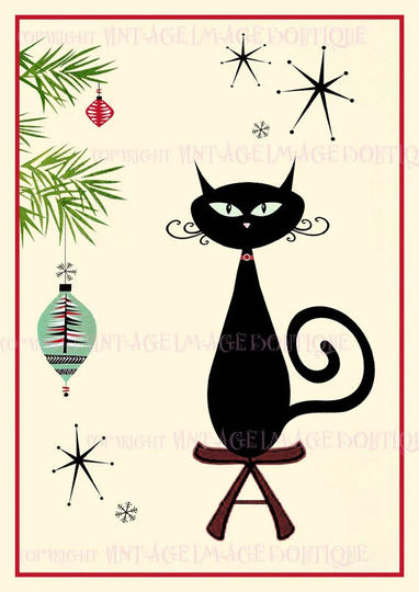Kitschy Mid Century Style Illustration Of A Black Cat Beside Tree & Ornaments Christmas Seasonal Winter Solstice Holiday 5x7 Greeting Card