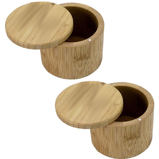 Bamboo Salt Box,Salt Holder With Lid, Salt Shaker, Cumin and Pepper Bowl with Magnetic Swivel Lid(2 pcs) French