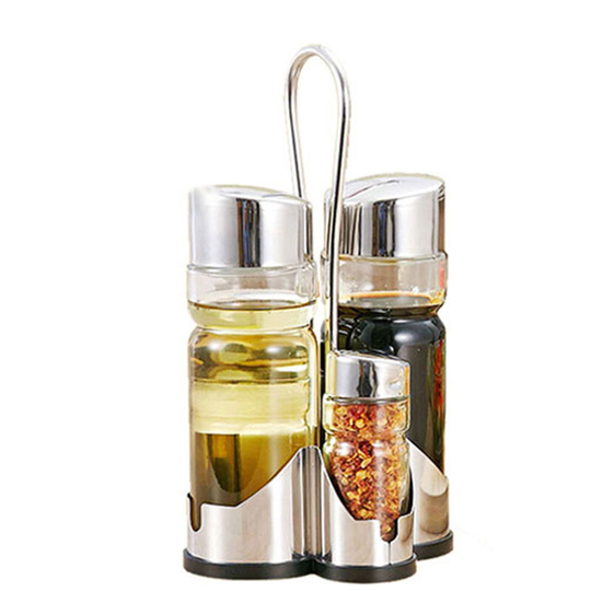 Seasoning Bottle Set Condiment Holder Seasoning Rack Four-in-One Oil Vinegar Dispensers Salt Pepper Shakers Glass Cruet Set with Convenient Caddy
