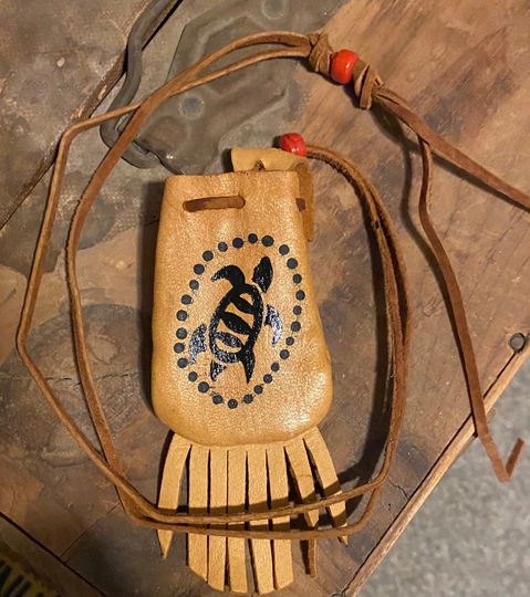 Light Brown Soft Leather Medicine Pouch/Healing Stone/Necklace Pouch With Coral Beads & Hand Painted Turtle