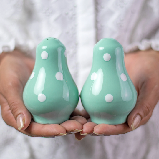 Salt & Pepper Shakers, Ceramic Cruet Set, Handmade Pottery, Teal Blue White Polka Dot Pots, Country Cottage Style, Housewarming Gift