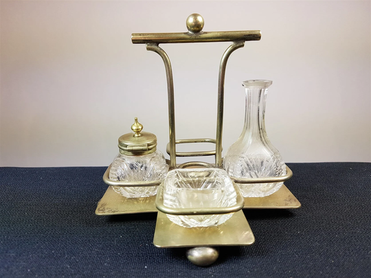 Vintage Clear Cut Glass Cruet Set in Silver Plated Stand Art Deco 1920's Original With Mustard Or Pepper Pot Salt Cellar & Vinegar Bottle