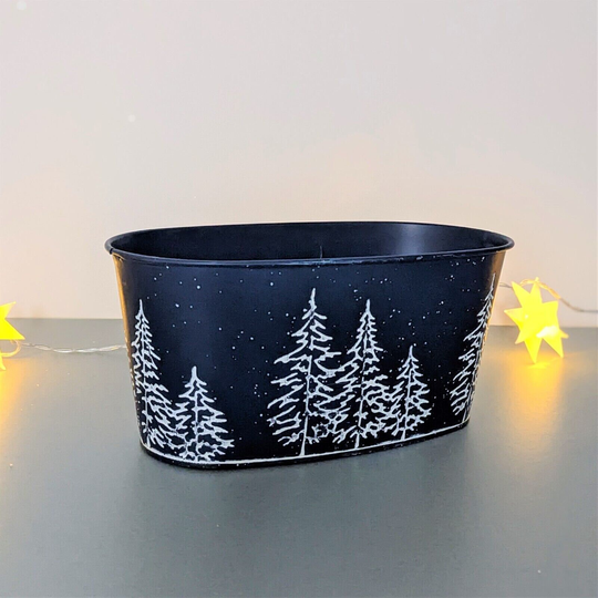 23cm Metal Christmas Plant Pot Planter Blue Winter Night Scene Embossed Trough