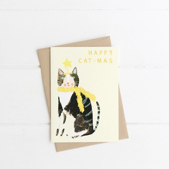Happy Catmas Christmas Card | Cat Merry Star Seasons Greeting Eco-Friendly Recycled Hand Painted