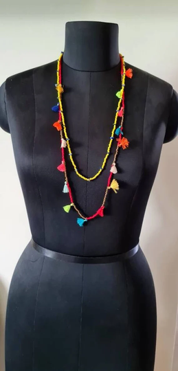 Multi Tassels Seed Beads Two Row Necklaces, Boho Beaded Necklace, Bead Long Necklace, Tassel Necklace, Yellow Red Necklace, Turquoise