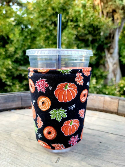 Pumpkin Spice Season, Donuts & Fall Leaves Iced Coffee Cozy, Insulated Sleeve, Reversible. Lover Gift
