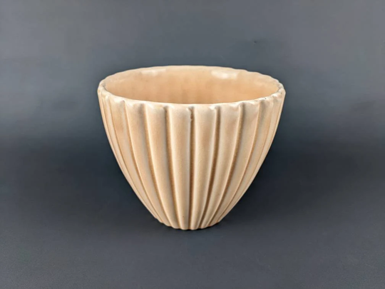 Falcon Ware Sylvac Medium Large Ceramic Plant Pot Holder, Planter, Fawn/Beige With Textured Vertical Ribs, Model 410, 1940's, 1950's