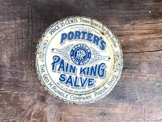 Vintage Tin, Porter's Pain King Salve Medicine Tin 1916 Geo H Rundle Co Piqua Ohio, Collectible Tins, Antique Ohio Memorabilia