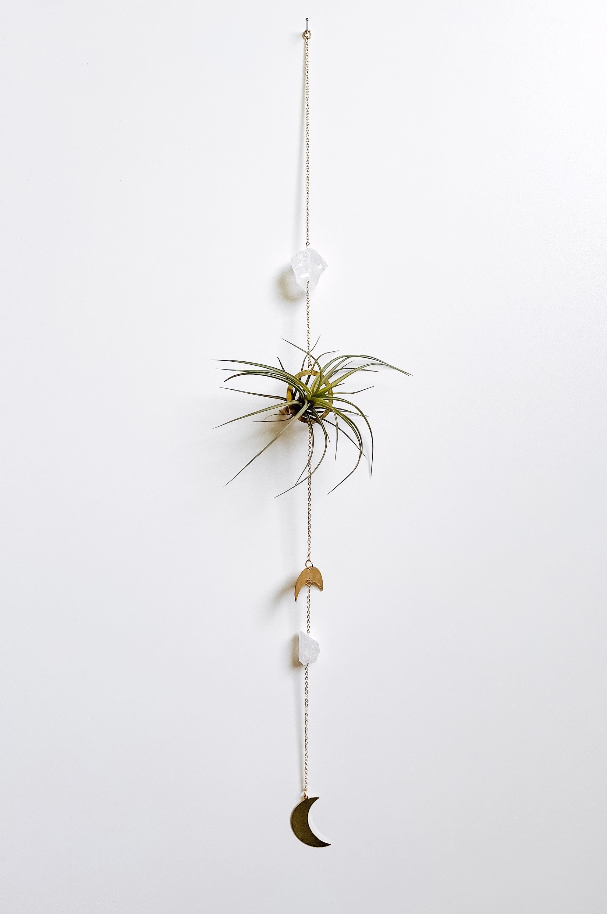 Metal Moon Phase, Clear Quartz & Air-Plant Plant Hanger/ Brass Trendy Planters/ Décor/ Minimalist/ Crystal Healing