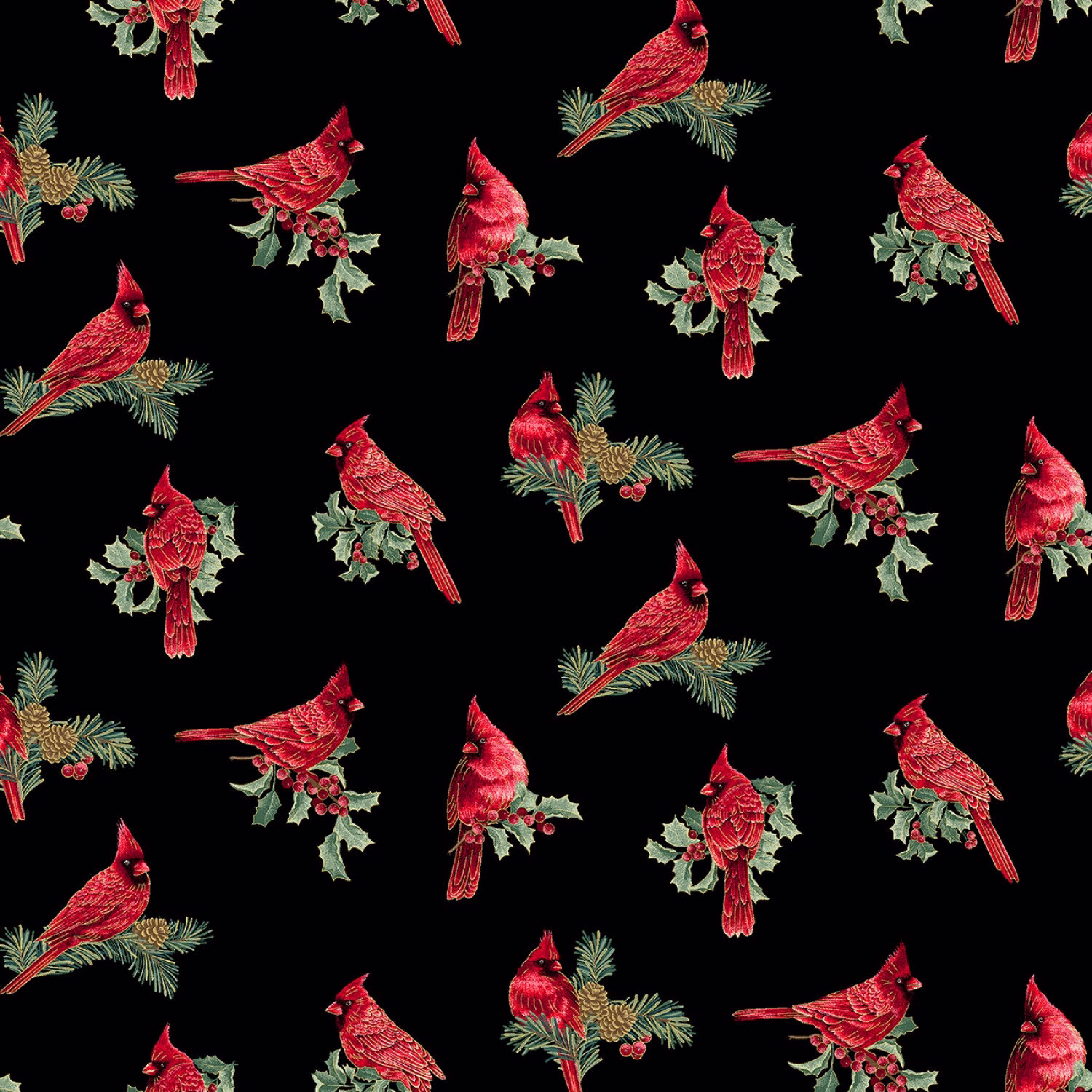 Winter Elegance, Cardinals On Black With Metallic Gold, 100% Cotton, By Benartex, Seasonal Fabric, Bird Fabric