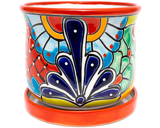 Talavera Mexican Pottery Ceramic Flower Pot & Matching Saucer Set Spanish Style Gift Decor Succulent Planter Medium Red