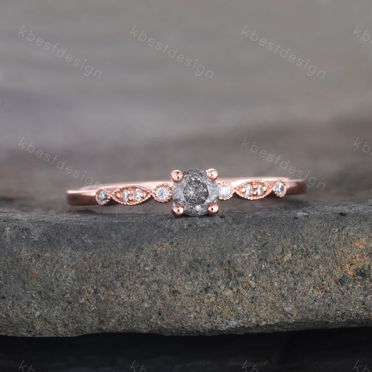 Dainty Salt & Pepper Diamond Engagement Ring Rose Gold Wedding Delicate Art Deco Anniversary