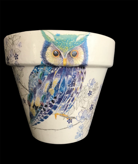 Owl Plant Pot, Blue Owl Planter , Flower Gifts Blue & Flowers Decoupage Gifts, Mothers Day