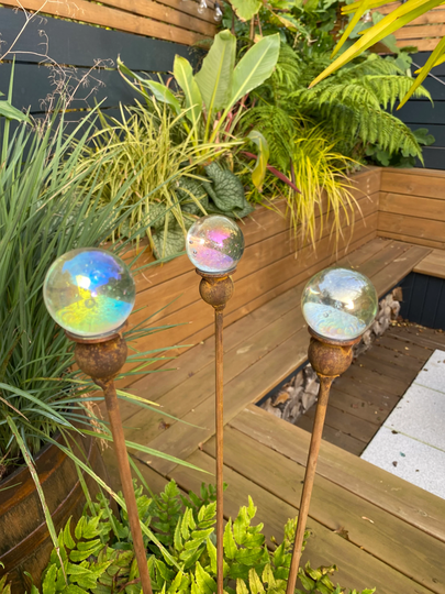 Glass Marble & Steel Garden Plant Stake | Set Of Three Stakes UK Made