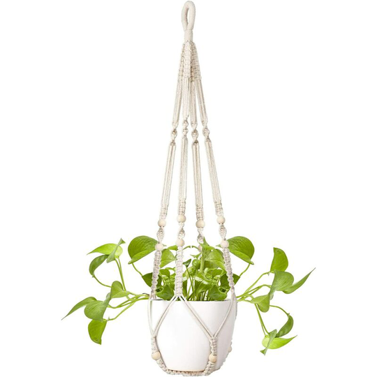 Macrame Plant Hanger, Indoor/Outdoor Hanging Flower Pots and Baskets, Handmade White Cotton Rope Plant Hangers with Beads, Boho Home Decor Hanging