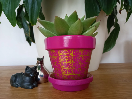 Small Planter & Saucer For Succulent Or Cactus, Deep Pink Gold Tile Design, 9cm Pot