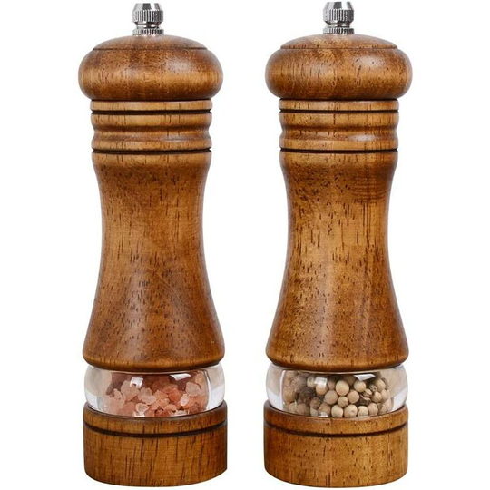 Manual Pepper and Salt Mill, Wooden Adjustable Pepper Mill for Professional and Home Use, Set of 2 Spice Mills, 16.5cm Tall