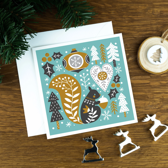 Nordic Squirrel Christmas Card, Luxury Scandinavian Xmas Cards For Friends, Seasonal Card Set Him, Winter Greeting Colleagues