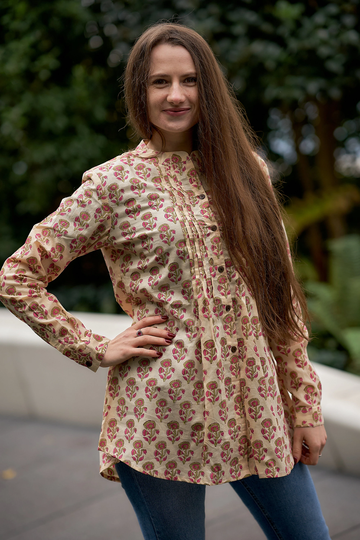 New Liara Shirt, Pure Cotton, Hand Block Printed, Bohemian, Casual-Occasional, Cream, Pink, All Season, Handcrafted, Ethical Fashion