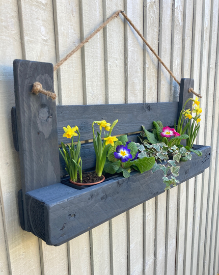 Handmade Rustic Wall Hanging Planter, Christmas Gift For Gardener, Herb Garden, 80cm, Charcoal Grey, Reclaimed Pallet Wood, Fence Planter