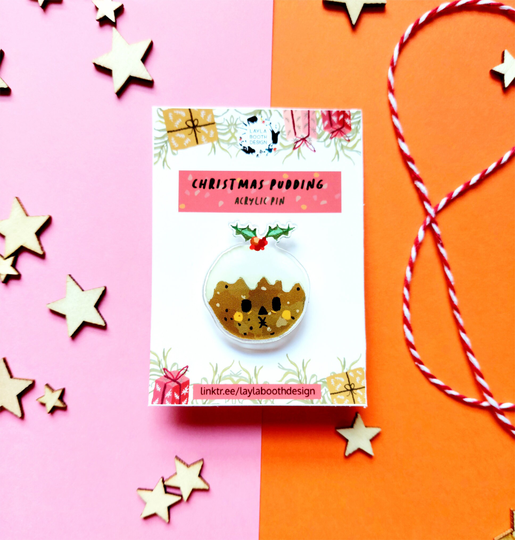 Christmas Pudding Acrylic Pin/Cute/Kawaii/Winter/Illustration/Gift/Seasonal/Pins/stationery/xmas/Cosychristmas/Handmade/Indie/stockingfiller