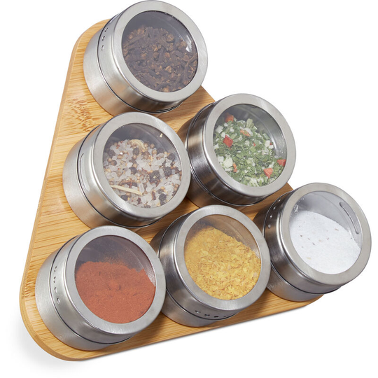 Spice Rack, 6 Stainless Steel Containers, Magnetic Jars, Bamboo Support, Free Standing, Natural - Relaxdays