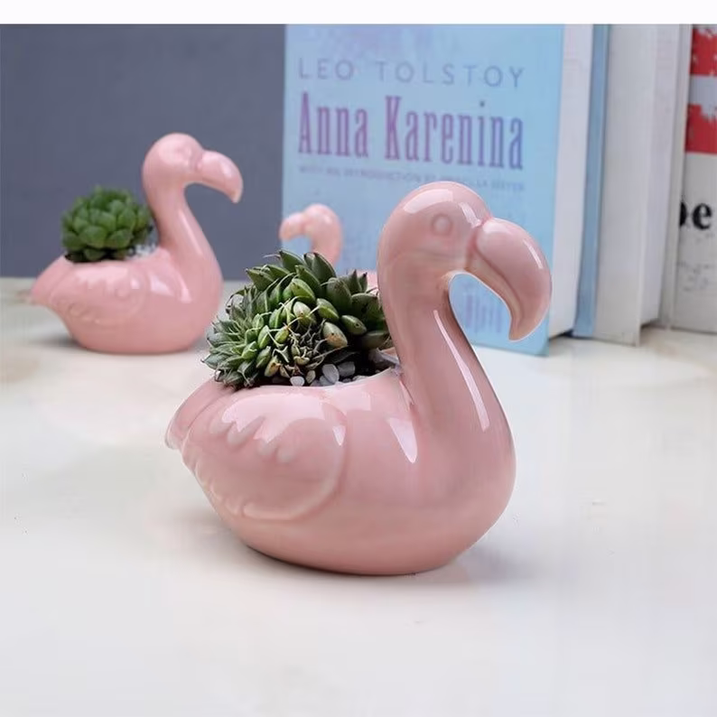 3 Pink Flamingo Family Set Succulent Planter Gift Set