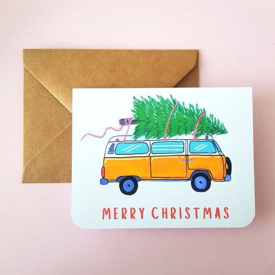 Van Life Christmas Card With Tree On Yellow Van, Vw Westfallia Tree, Classic Style Holiday | Salt & Paper