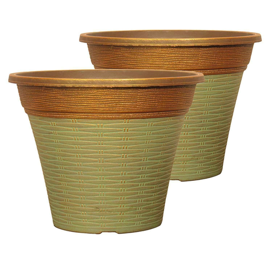 Set Of 2 Copper Green Plastic Plant Pot 30cm Metallic 10L Round Garden Planter