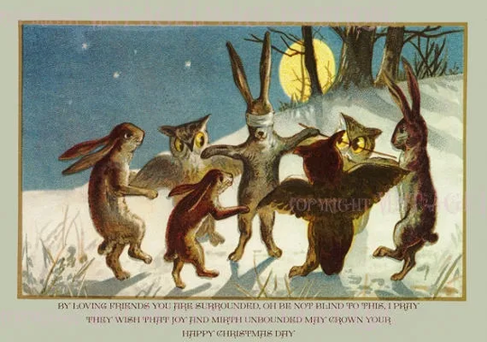Antique Victorian Illustration Of Rabbits & Owls Christmas Season Winter Solstice Holiday 5x7 Greeting Card