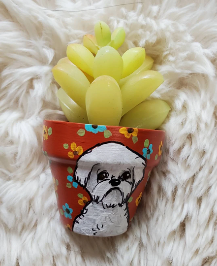 One Of A Kind Original Maltese, Shih Tzu Mini Planter With Artificial Succulent