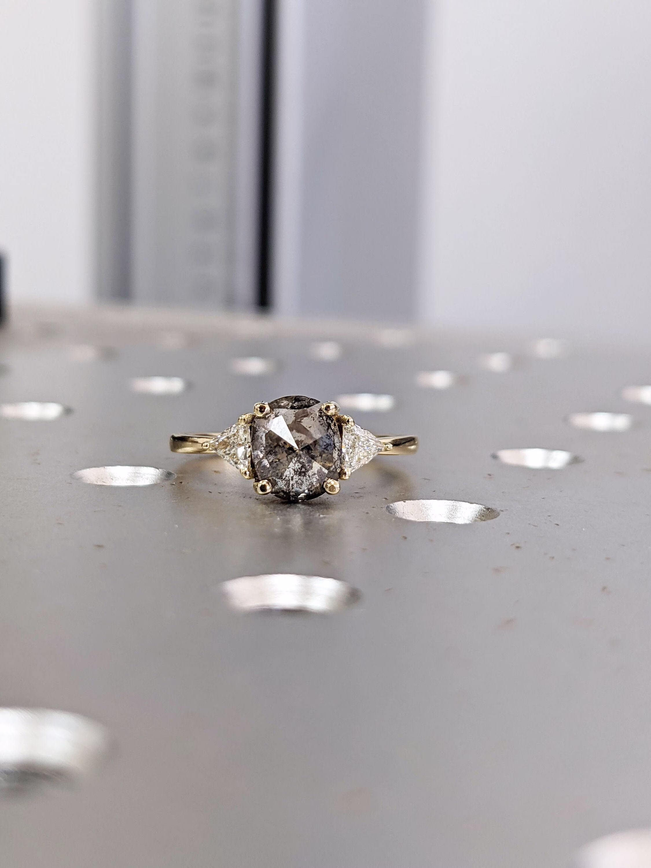 Raw Diamond Oval 3 Ring, Salt & Pepper, Unique Triangle Engagement Rose Cut Geometric Ring 14K Gold, Custom Handmade