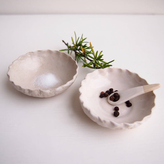 Handmade Mini Textural Pottery Salt + Pepper Dishes