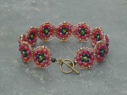 Poppy Bracelet, Czech Seed Bead in Frosted Red, Black & Lustered Bronze Seed Beads, UK Seller