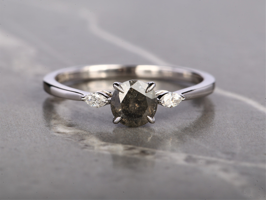 Salt & Pepper Ring, Round Brilliant Cut Diamond Engagement 14K White Gold Wedding Gift For Her
