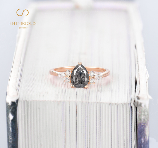 Salt & Pepper Diamond Engagement Ring Vintage Rose Gold Pear Cut Unique Round Moissanite Bridal Art Deco Anniversary