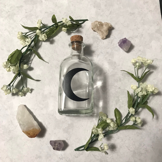 Crescent Moon Glass Bottle With Cork | Full Dark Goddess Ritual Magick Herb Jar Spells Alter Tools