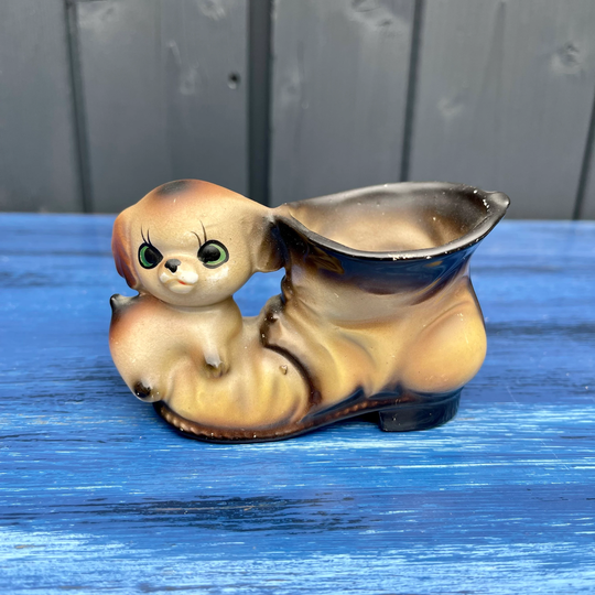 Vintage Kitsch Ceramic Boot & Puppy Shaped Plant Pot