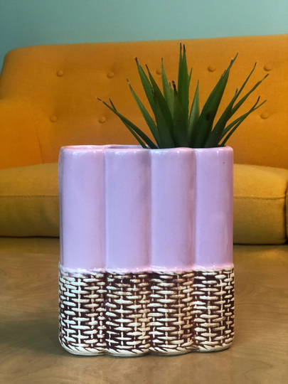 Vintage Pink Mccoy Basketweave Bamboo Flower Pot Planter Old Antique Ohio Pottery Rare Free Shipping Mid Century Modern