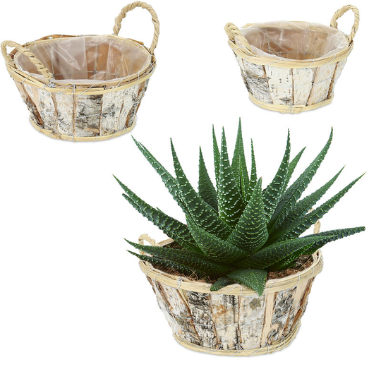 Relaxdays - Flowerpot Set of 3, Birch Bark, for Flowers & Herbs, Plant Baskets with Foil, 3 Sizes, Wooden Planter, Natural