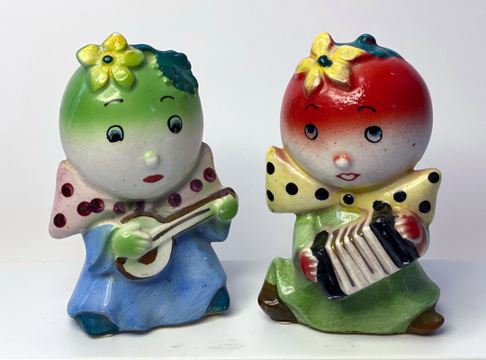 Anthropomorphic Tomato's Playing Instruments, Salt & Pepper Shakers Fantastic Condition Vintage