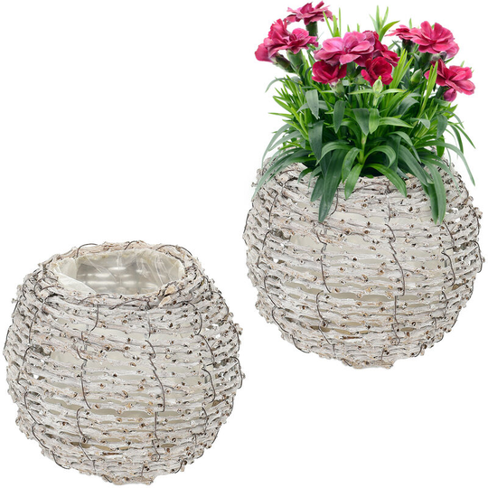 Relaxdays - Set of 2 Plant Pots, Rattan, Flower Baskets with Foil, HxØ: 17x20 cm, Indoors Round Planters, White/Natural