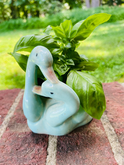 1950's Duck Egg Blue Pair Of Swans Ceramic Planter Made in Japan 1950S