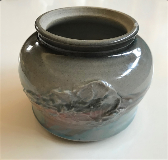 Small Art Pottery Planter/Vase, Art Nouveau Style, Artist Signed, Pink, Grey & Blue