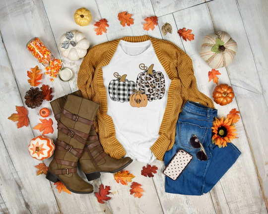Personalized Cheetah Monogram Shirt, Buffalo Plaid T-Shirt, Cute Fall Top, Pumpkin Season Tee, Monogrammed Grey Tee