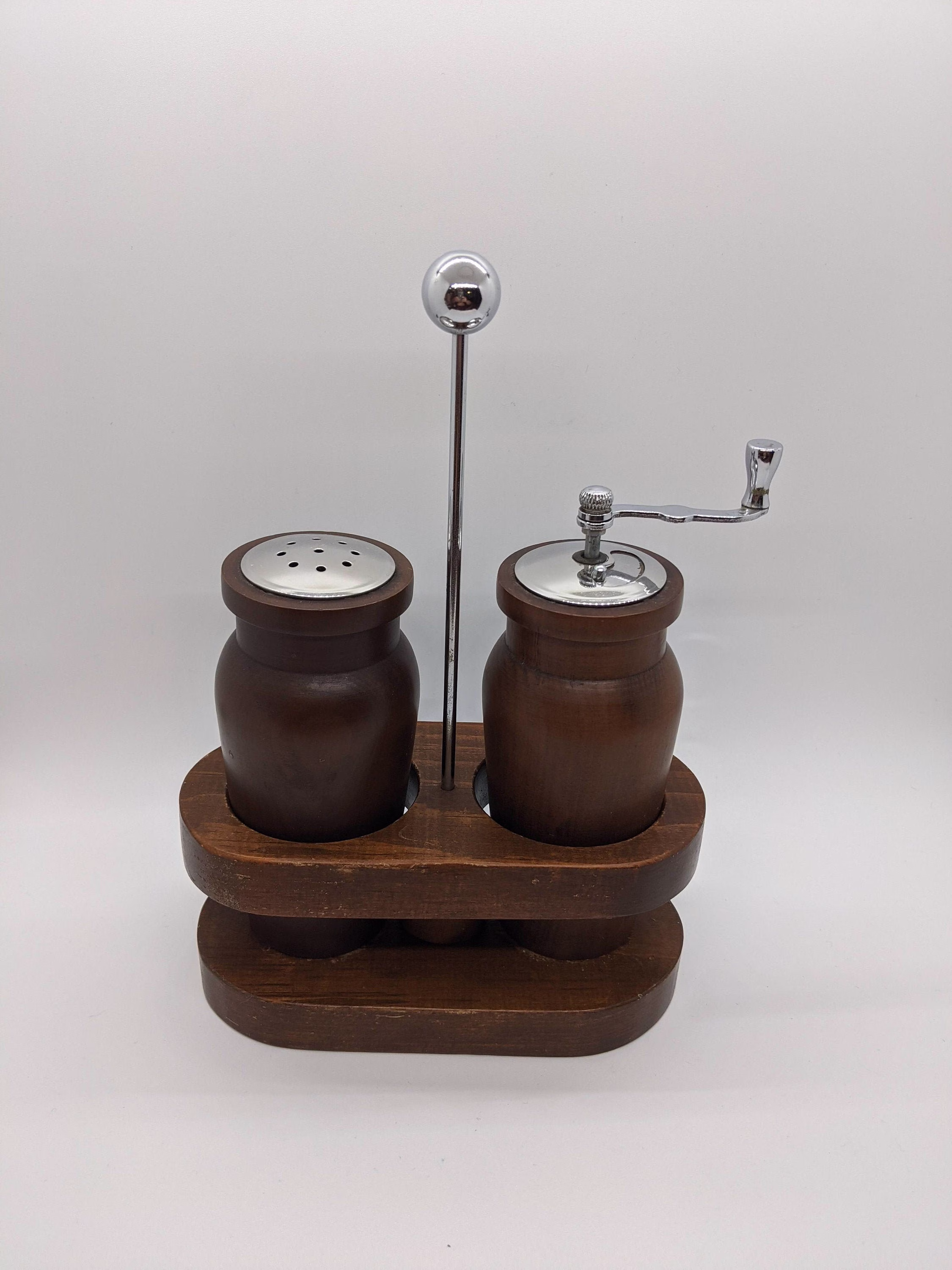 Vintage Teak Salt & Pepper Set in Stand Olde Thompson