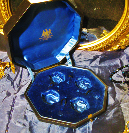 Antique Mappin Brothers Display Box, Dark Blue Velvet & Satin Silver Salts & Spoons Presentation Gift | Mappin Webb