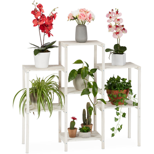 Relaxdays - Wooden Flower Rack, Decorative Ladder Shelf for Plants, Indoor Use, Standing, 86.5 x 95 x 29.5 cm, White